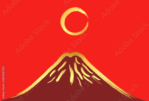 赤い背景に金色の月と富士山の葉書テンプレート