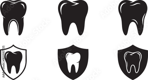 Dental Icons Set, Dental clinic logo. Tooth Icon. Molar Tooth Icon, Dental Shield Icon