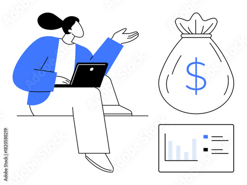 Woman pointing while holding laptop, showcasing investment growth. Includes a money bag and data chart. Ideal for finance, investment, economy, analytics, strategy success innovation. Simple flat