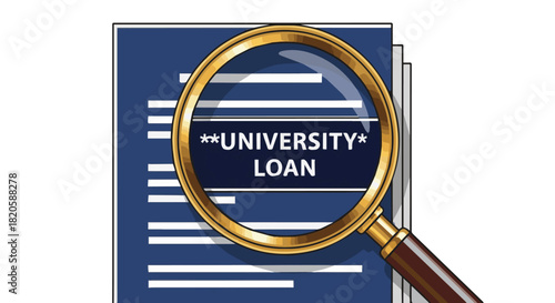 Magnifying glass over university loan document, symbolizing financial review and scrutiny for educational funding