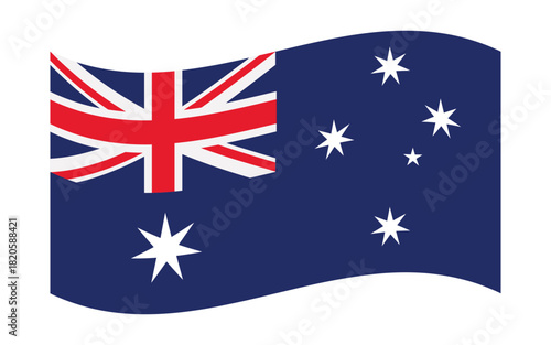Vector illustration of the Australian national flag in a waving shape, featuring the Union Jack, Commonwealth Star, and Southern Cross constellation. Ideal for presentations, education, and design