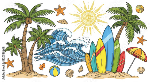 Colorful beach scene with palm trees surfboards and waves under a bright sun