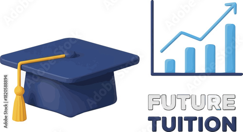 3D render of a graduation cap next to a rising bar chart symbolizing the increasing cost of future college tuition and student loans