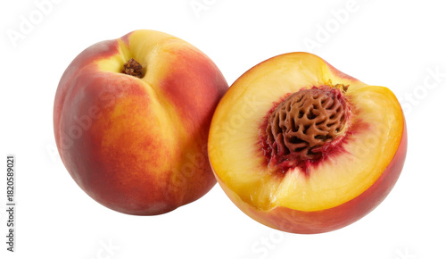fresh peach fruit, one whole and one half isolated on white background