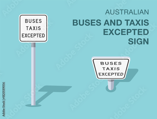 Traffic regulation rules. Isolated australian "buses and taxis excepted" road sign. Front and top view. Flat vector illustration template.