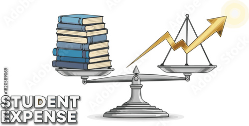 A conceptual illustration of a scale weighing a stack of books against a rising golden arrow, symbolizing the increasing financial burden of student expenses and tuition costs