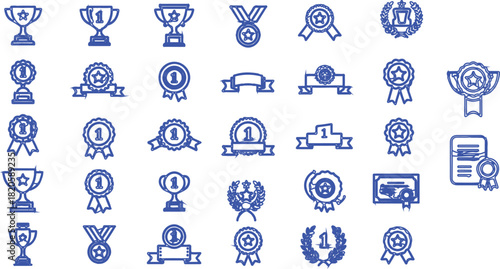 features a repeating pattern of blue icons set against a clean white background, showcasing a variety of award symbols. Here’s a breakdown of the elements:t