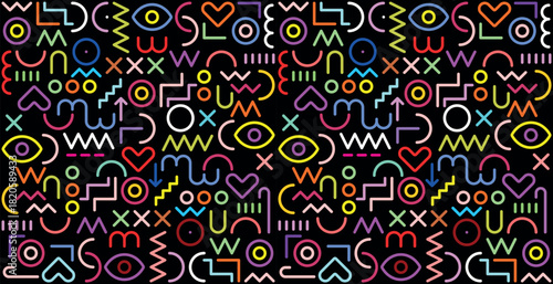 Neon colors pattern on a black background abstract geometric vector decorative seamless background.
