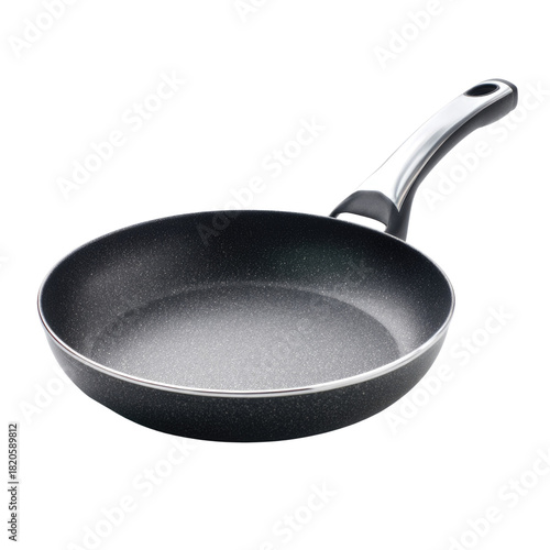 A sleek, dark gray non-stick frying pan with a metallic and black handle, isolated on a transparent background, perfect for everyday cooking. background removed