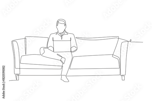 Man working while sitting on the sofa. Working from sofa concept one-line drawing