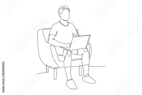Man working while sitting on the sofa. Working from sofa concept one-line drawing