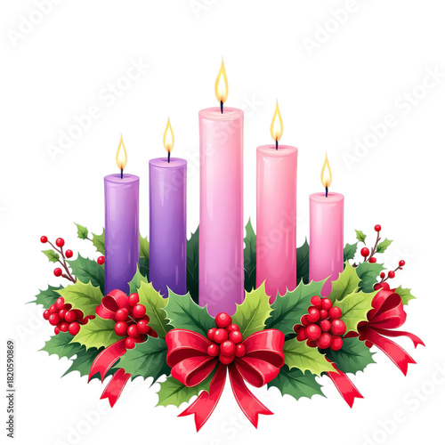 Illustration of five lit advent candles in purple and pink colors surrounded by holly, berries, and a red bow, isolated on transparent background