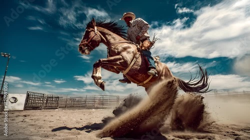 Cowboy riding a powerful bucking bronco horse