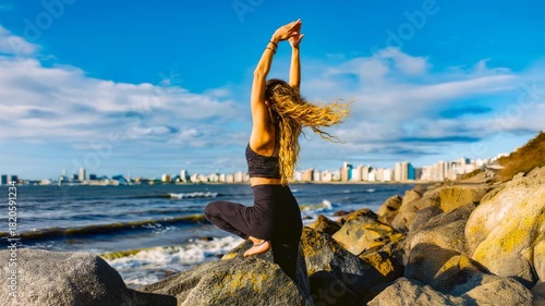 Blonde woman performing yoga pose on rocky beach at sunrise