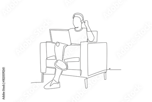 Man working while sitting on the sofa. Working from sofa concept one-line drawing