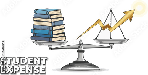 Student Expenses on the Rise Books Weighing Heavily on a Scale with a Growth Chart