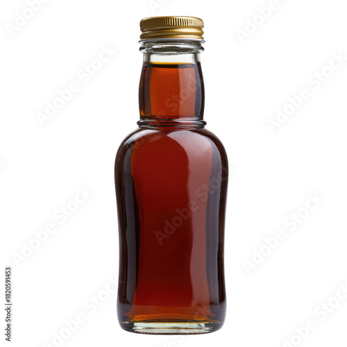 A small glass bottle filled with dark amber liquid, possibly whiskey or maple syrup, featuring a golden screw cap, isolated on black. background removed