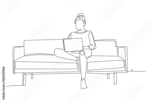 Woman working while sitting on sofa. Working from sofa concept one-line drawing