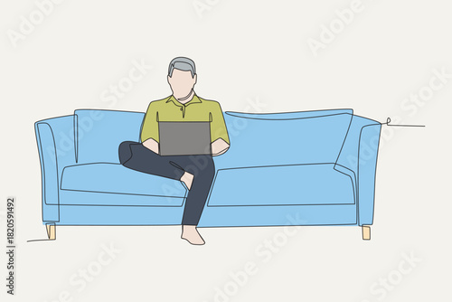 Colored man working while sitting on the sofa. Working from sofa concept one-line drawing