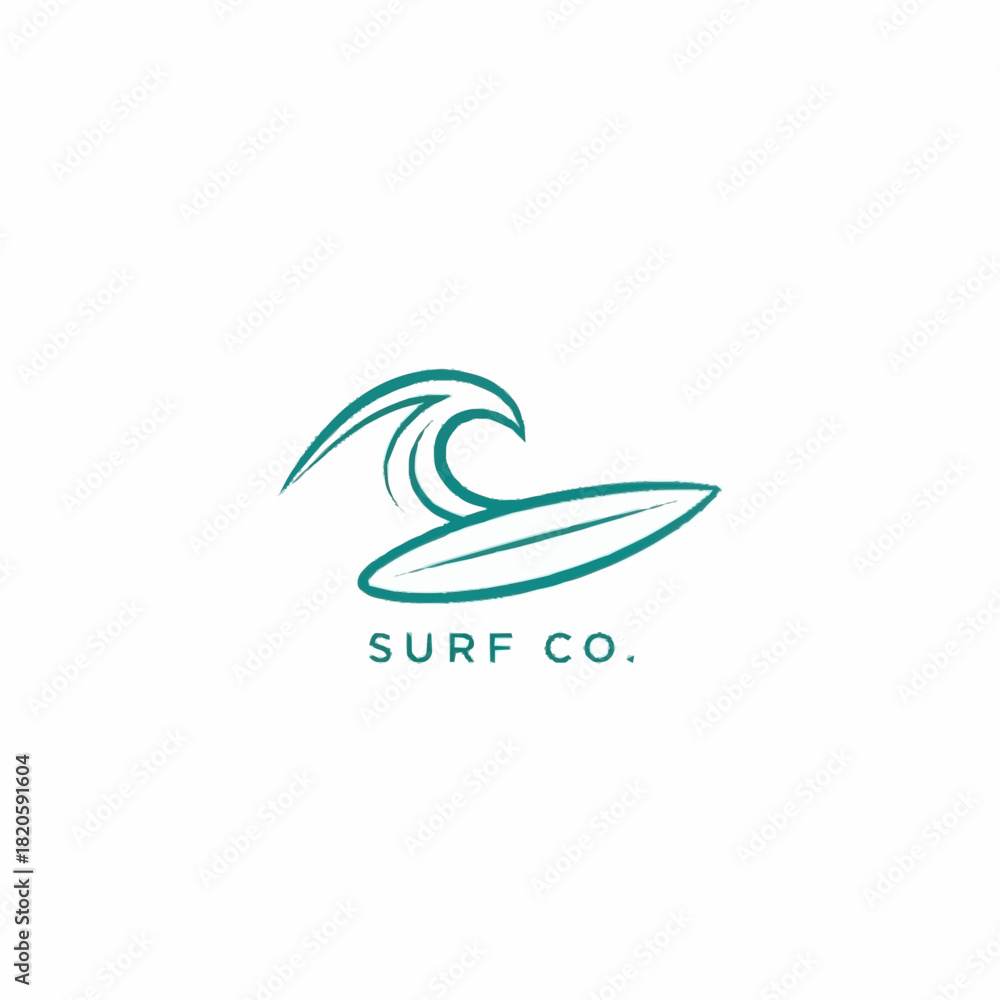 Fototapeta premium Minimalist Surf Co. Logo with Wave and Surfboard Design.