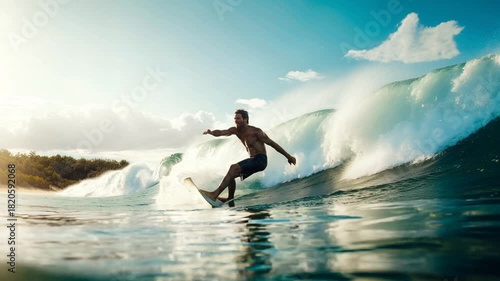 Athletic surfer riding a big ocean wave