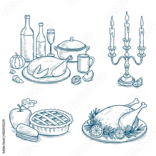 Monochrome Light Blue Hand-Drawn Feast & Thanksgiving Sketch Illustration Set