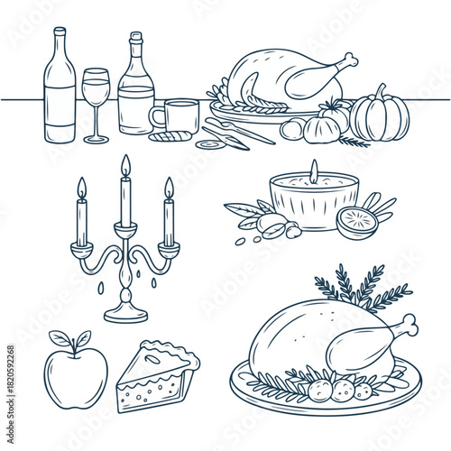 Monochrome Light Blue Hand-Drawn Feast & Thanksgiving Sketch Illustration Set