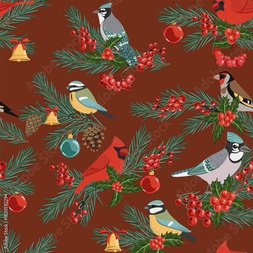 vector drawing Christmas seamless pattern, red cardinals, bullfinch and bohemian waxwing birds at fir branch with green needles and holly leaves and red berries, hand drawn illustration