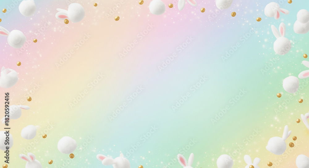 Fototapeta premium Light beige textured background with delicate watercolor-style Easter eggs and tiny cherry blossoms painted softly, large blank central area for copy, artistic and gentle vibe.