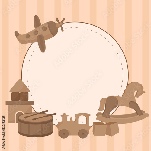 Wooden crafted vintage eco kid's toys circular frame for baby shower elegant flat illustration