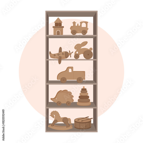 Bookcase with wooden crafted vintage eco toys for kids for children's room flat illustration