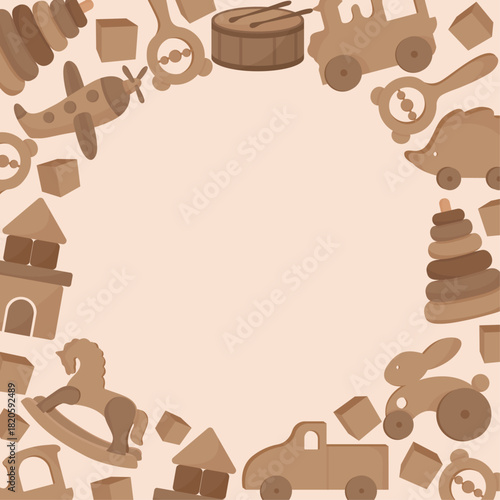 Circular frame with wooden crafted vintage eco toys in background train plane pyramid car horse