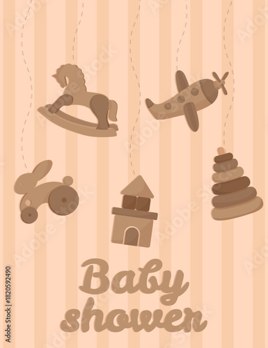 Baby shower welcome card with hanging vintage wooden crafted eco toys for kids flat illustration