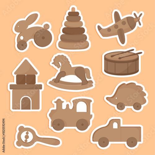 Vintage wooden crafted eco toys stickers pyramid drum car train plane rocking horse