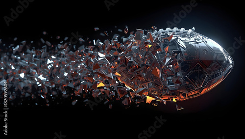An American football bursts into a million fragments, set against a dark, dramatic background.