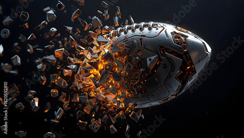 A futuristic soccer ball that explodes in mid-air, sparking energy and movement.