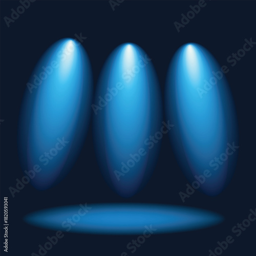hree bright blue spotlights shine on a dark stage.Asphalt blue dark.Rays.Stage spotlight illumination set isolated.Color beams glowing in nightclub or disco.Party concept.Vector illustration.
