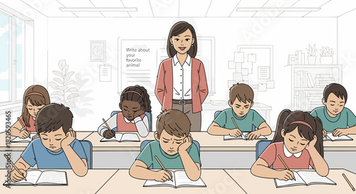 Elementary Class With Pupils At Their Desks Taking A Test