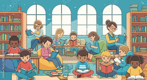 Enthusiastic Children Enjoying Reading Books Together In Library