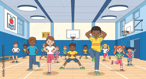 Enthusiastic Children Engage In A Warming Up Exercise At School