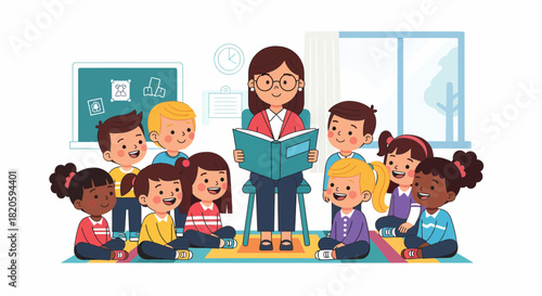 Enthusiastic Teacher Reads Book to Happy Children In Classroom