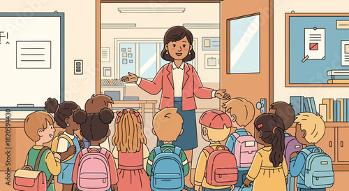 Enthusiastic Teacher Welcoming Students Back To School