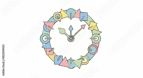 A creative and abstract wall clock concept featuring colorful geometric shapes as numbers, illustrating a unique perception of time