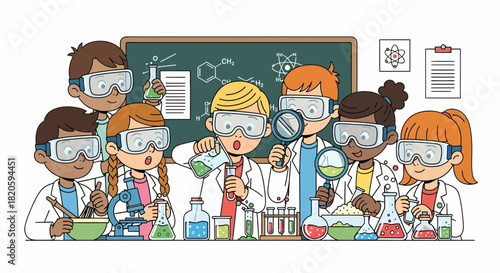 Enthusiastic Young Scientists Conducting Experiments In A Colorful Laboratory