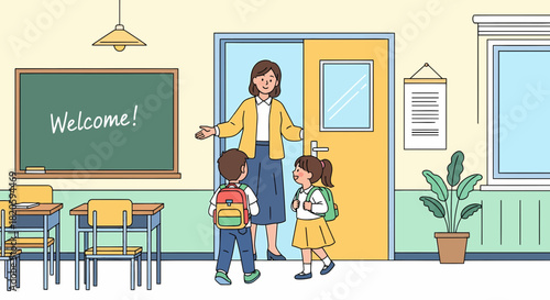 Friendly Teacher Welcoming Students Back To Classroom Illustration