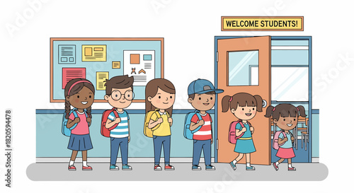 Group Of Cheerful Students In A School Corridor