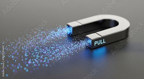 Modern magnet pulling particles with blue light effect on dark gray background