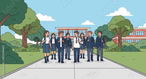 Group Of Students Walking To School In Uniform Together
