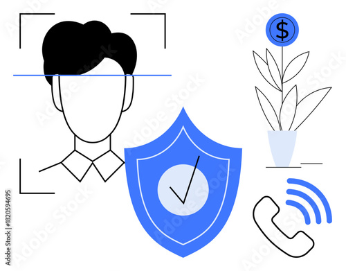 Facial identification scan, shield with checkmark, dollar sign plant, and phone icon highlight technology, data security, financial growth, communication, biometrics. Ideal for security finance