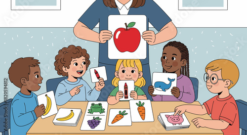 Happy Children Learning Vocabulary With Teacher in Classroom Setting